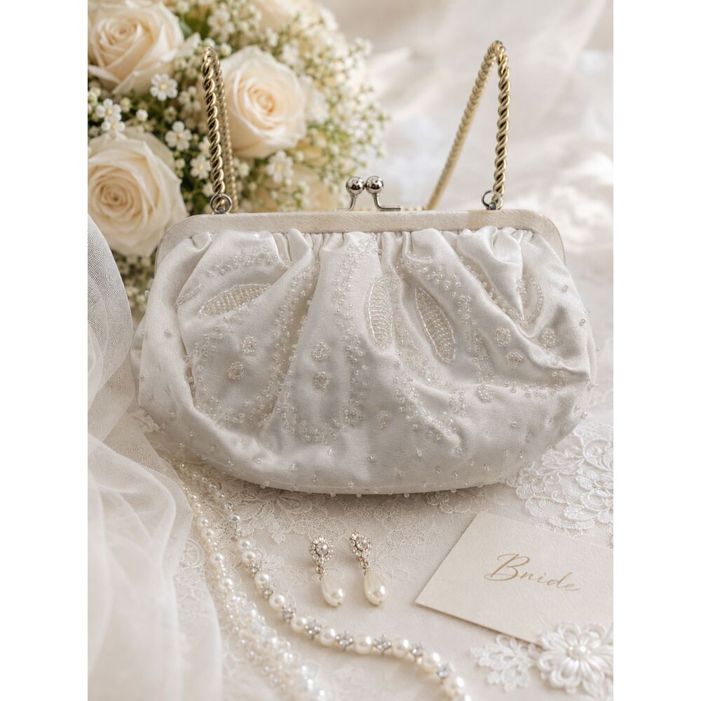 Vintage La Regale Beaded Evening Bag Ivory Satin Bridal Clutch Cocktail Handbag